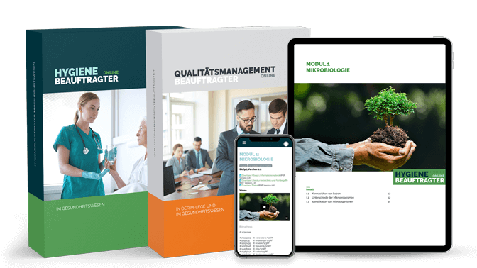 Produktbild des Pakets Hygienebeauftragter und Qualitätsmanagementbeauftragter mit einem Smartphone und einem Tablet mit Ansichten der Lernmittel sowie zwei Produktboxen